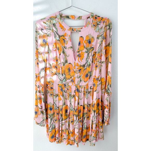 Free People Tegan Floral Cutout V-Neck Pleated Long Sleeve Mini Dress. - Picture 3 of 6